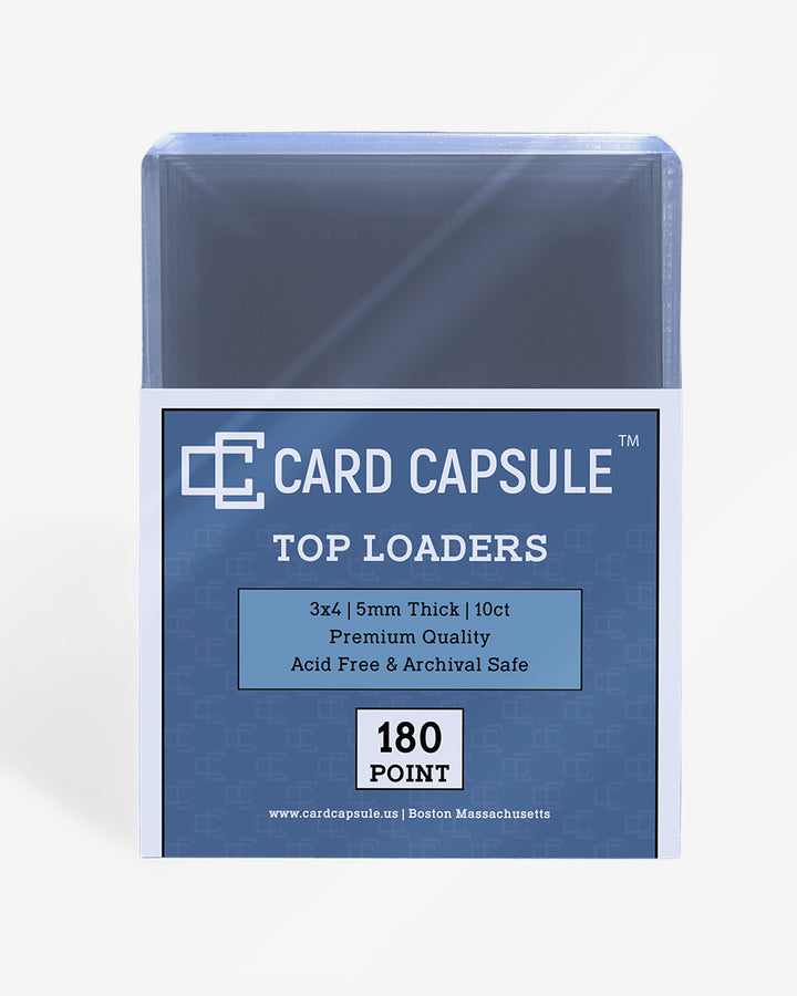 Front of the Card Capsule Top Loaders 180pt package, listing 5mm thick, 10 count, premium quality, acid-free, and archival safe