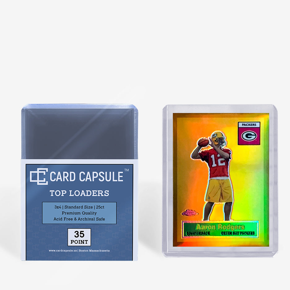 Card Capsule Top Loaders 35pt 25-count pack beside a refractor football card in a toploader