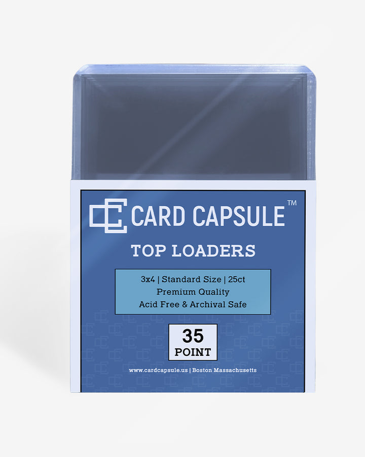 Front of the Card Capsule Top Loaders 35pt package, listing 3 by 4 inches, standard size, 25 count, acid-free, and archival safe