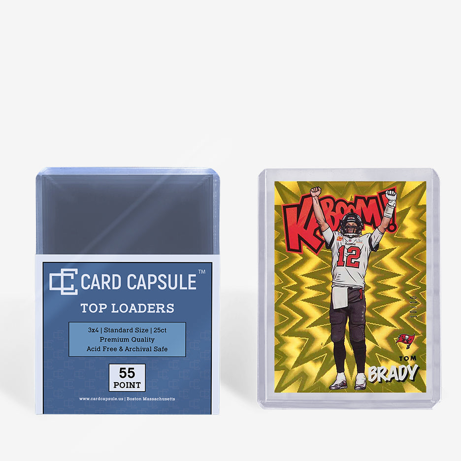 Card Capsule Top Loaders 55pt 25-count pack beside a comic-art style football insert card in a toploader