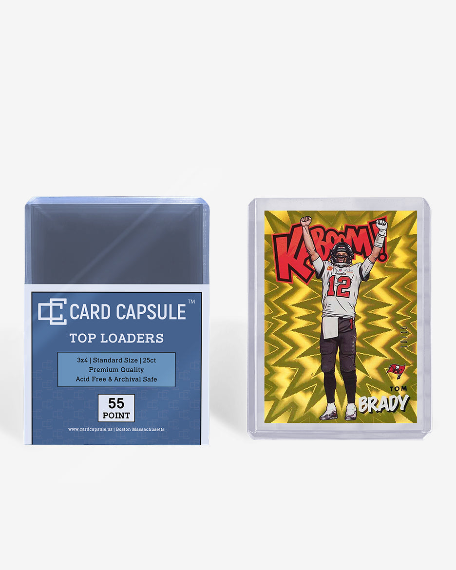 Card Capsule Top Loaders 55pt 25-count pack beside a comic-art style football insert card in a toploader