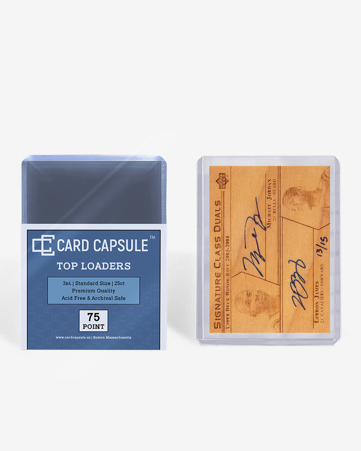 Card Capsule Top Loaders 75pt 25-count pack beside a dual autograph wood card in a toploader