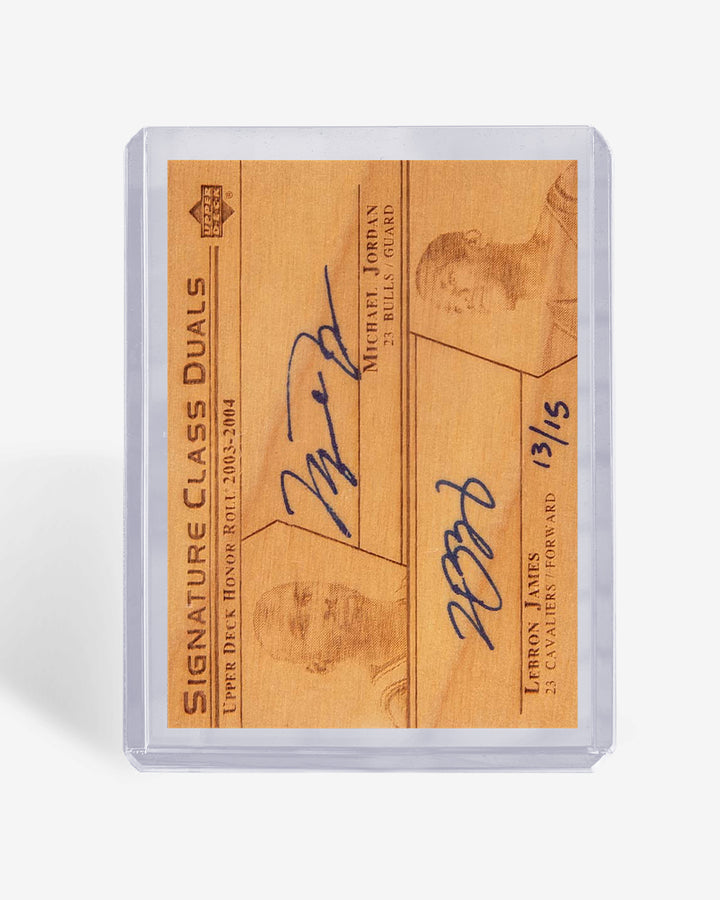 Dual autograph wood-finish card in a clear Card Capsule 75pt toploader