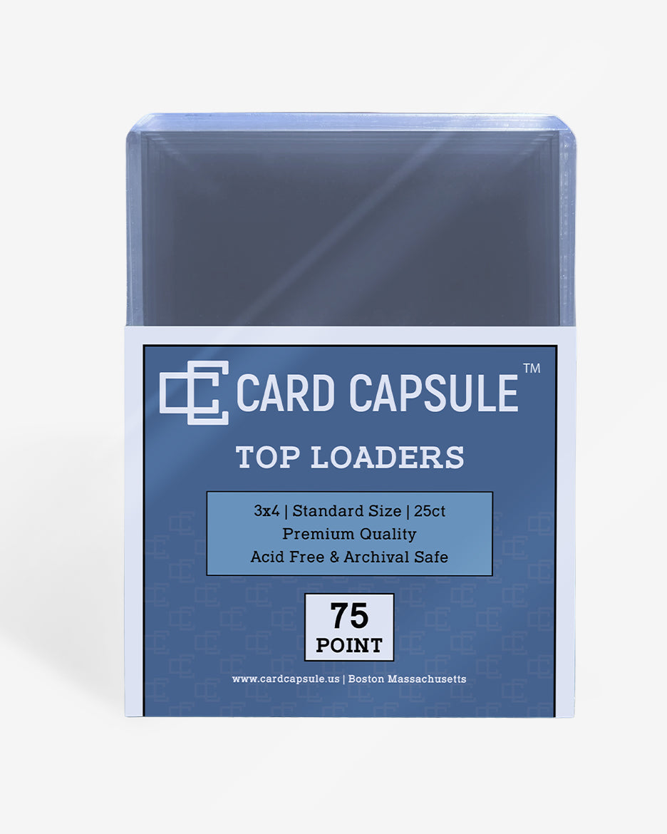 Front of the Card Capsule Top Loaders 75pt package, listing standard size, premium quality, acid-free, and archival safe